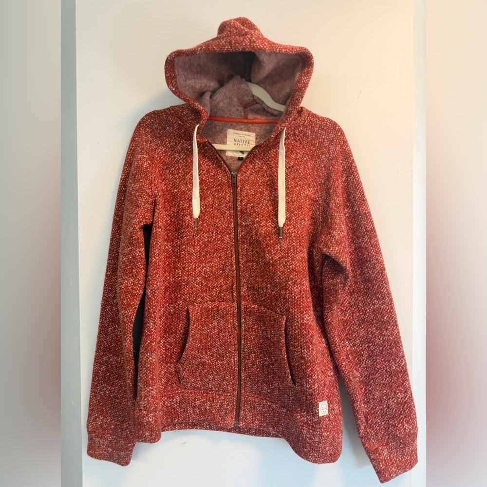 Native Youth, Large, Orange Red Thick Knit Fleece Hooded Sweatshirt Full Zip EUC